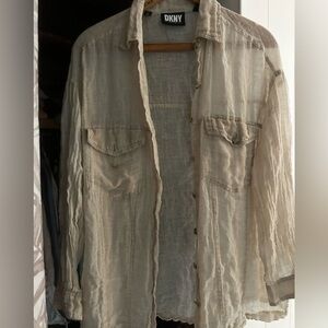 DKNY Linen Blouse -beige, one size fits most! Long n lovely soft thin linen.